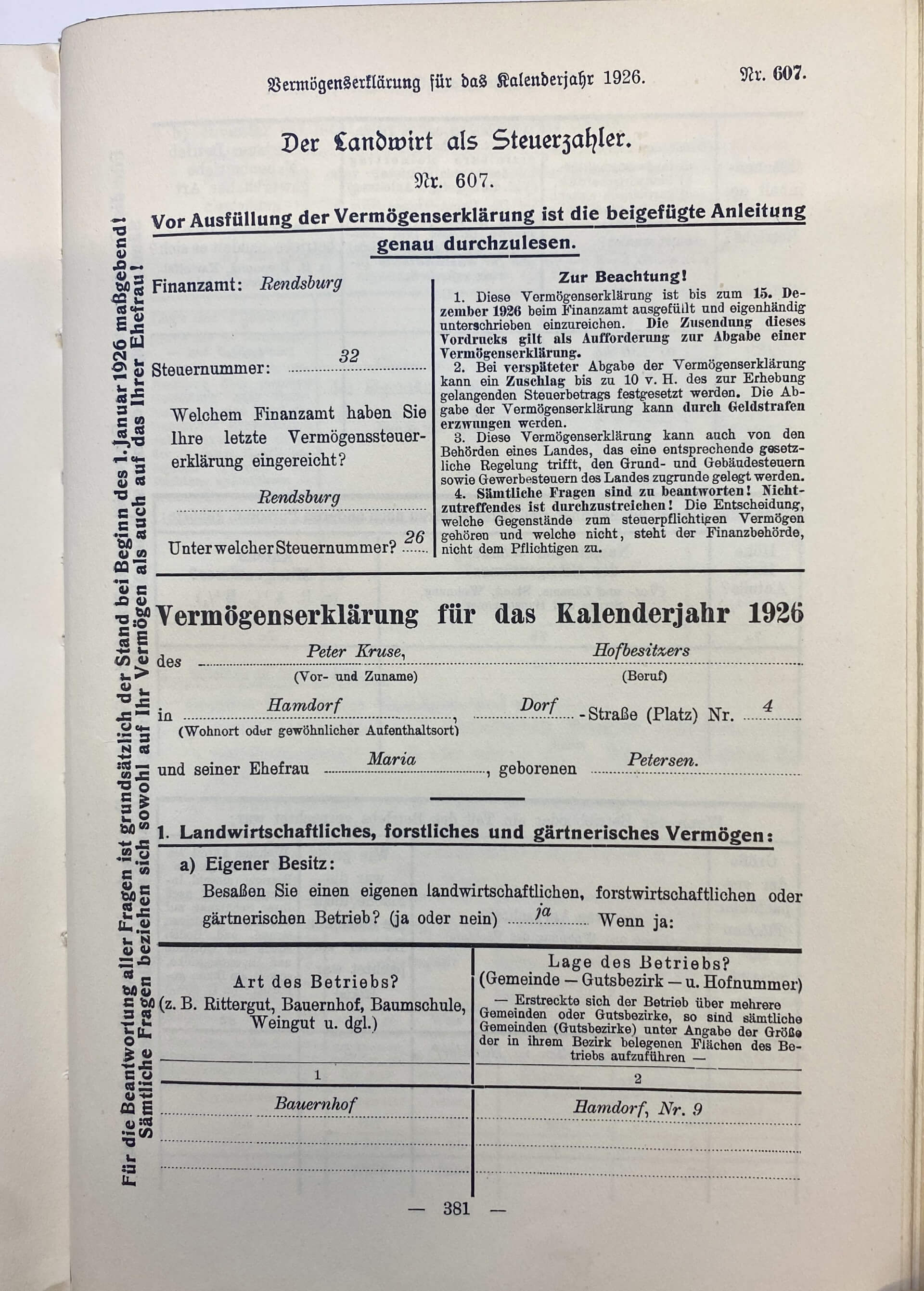 Even a good 100 years ago, no tax return could fit on a beer mat: sample tax return from the book „Der Guts-Sekretär“ from 1927.