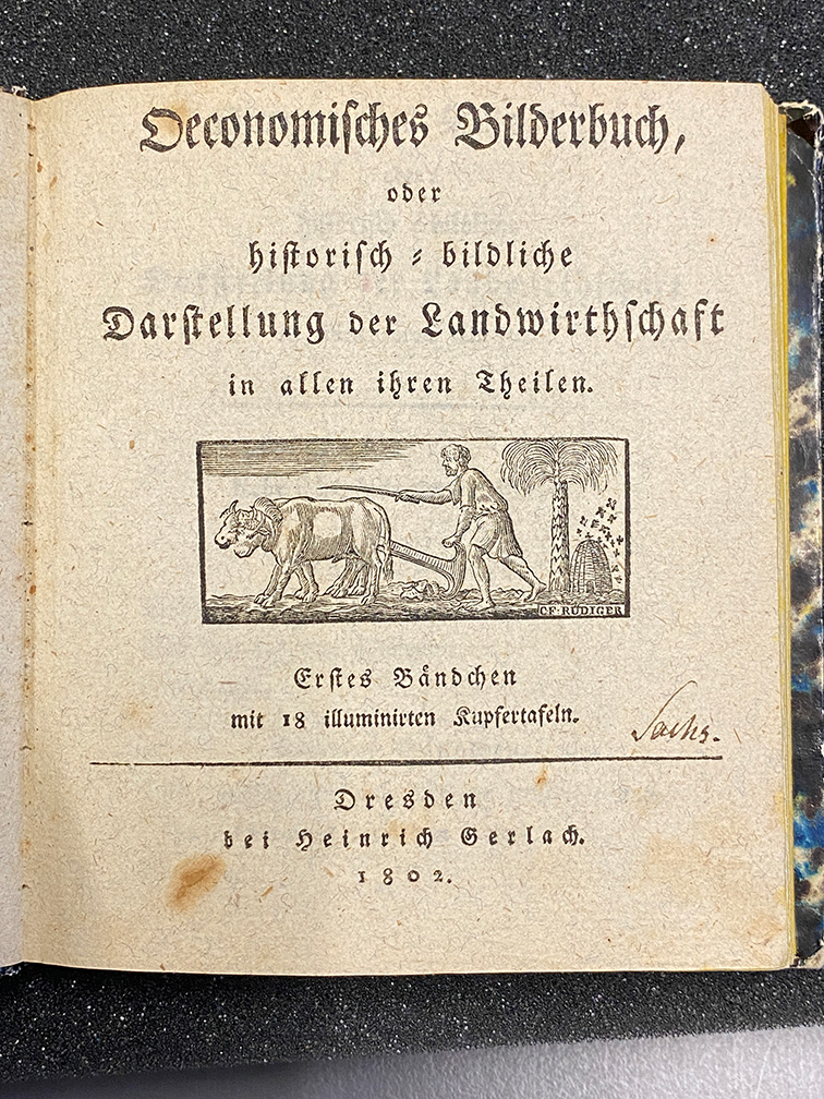 Titelseite des Kinderbuches von 1802: „Oeconomisches Bilderbuch – oder: historisch-bildliche Darstellung der Landwirthschaft“ von Johann Gottlieb Fritzsche (1779-1813) aus Dresden.