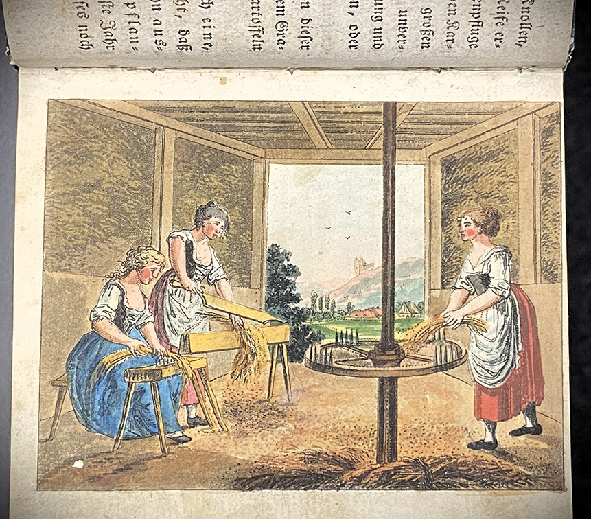 Frauen bei der Vorbereitung von Flachs – eine Abbildung aus dem „Oeconomischen Bilderbuch“ (1802) von Johann Gottlieb Fritzsche (1779-1813)